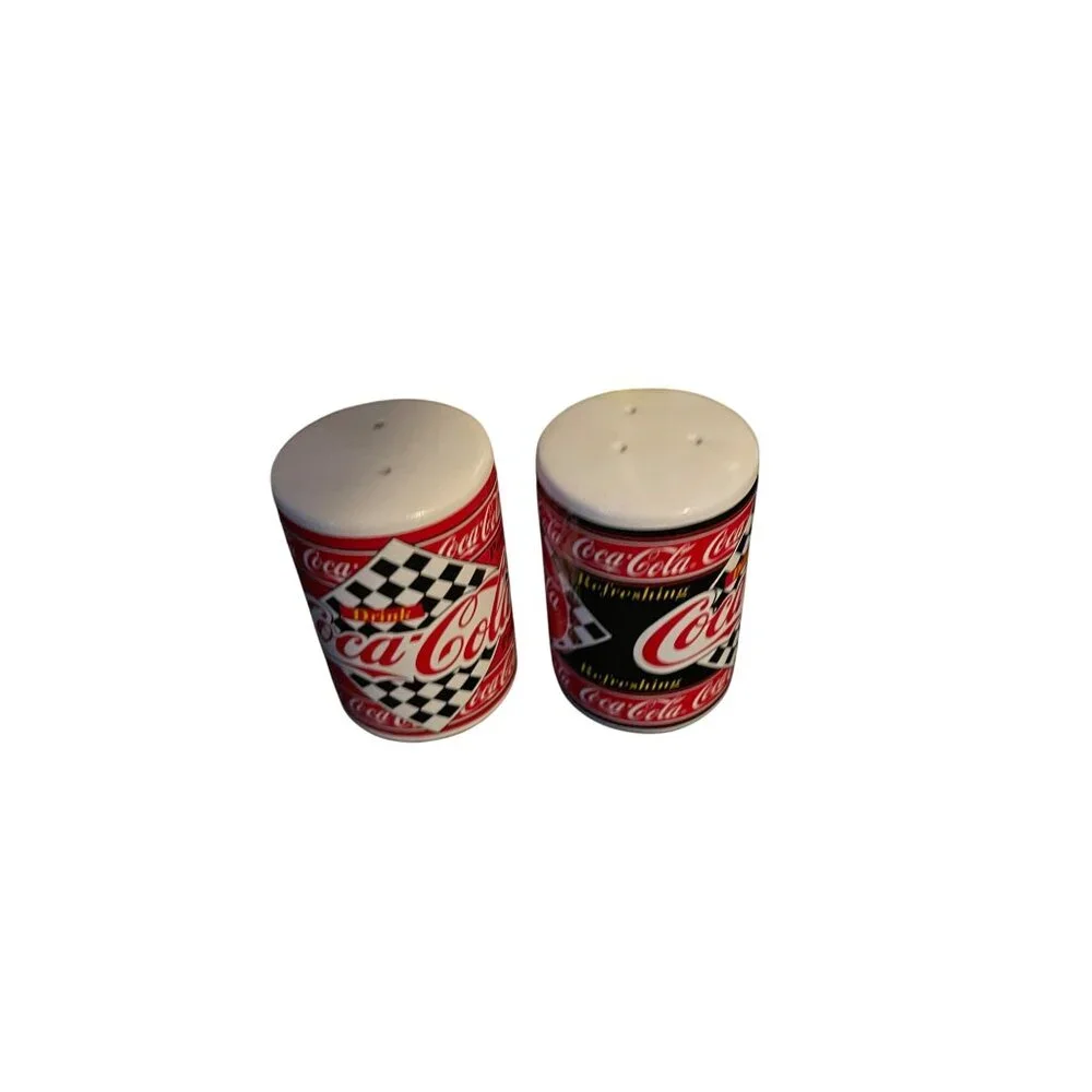 Coca-Cola Salt & Pepper Shaker Set Classic Racing Design Checkerboard Pattern - Picture 5 of 11